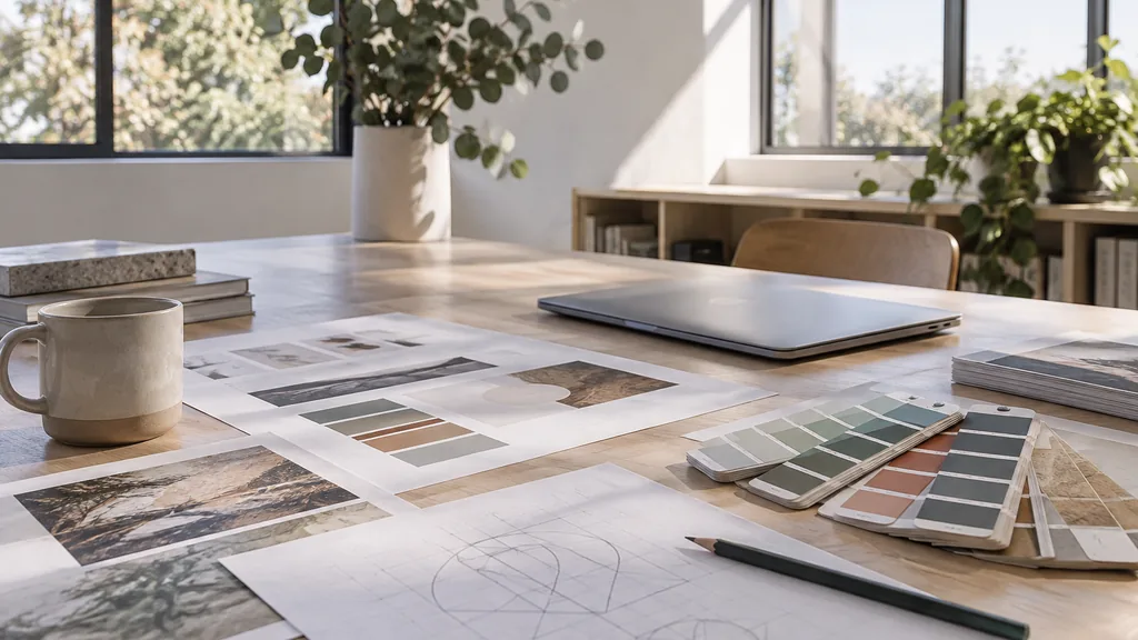 An empty studio workspace in a Braddon design studio on a crisp sunny winter morning, printed brand guideline pages, Pantone swatch books and a pencil logo grid on a pale eucalyptus-wood table beside a closed laptop, tall windows with clean light