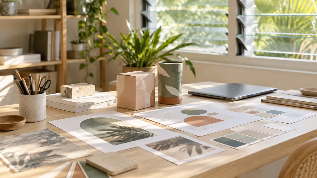An empty studio workspace in a Burleigh design studio on a warm bright morning, printed logo concepts, packaging mock-ups and colour swatches on a pale blonde timber bench beside a closed laptop, open louvre windows with soft tropical light
