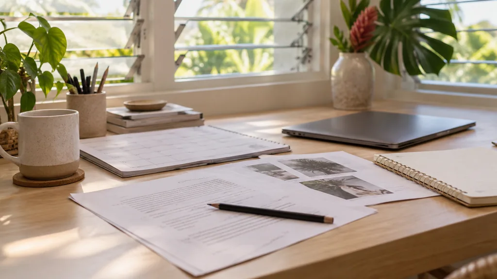 An empty studio workspace in a Robina content studio on a warm bright morning, printed article drafts with pencil edits, an editorial calendar and a notebook on a pale blonde timber bench beside a closed laptop, open louvre windows with soft tropical light