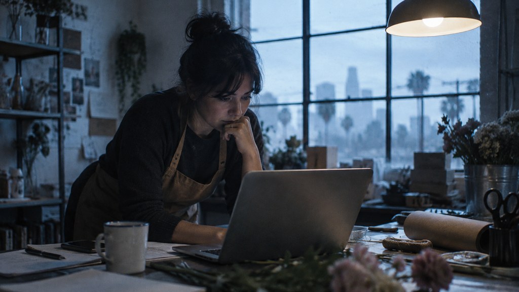 A small-business owner in an apron leaning over a laptop on a cluttered back-office desk late in the day, photographed in Los Angeles
