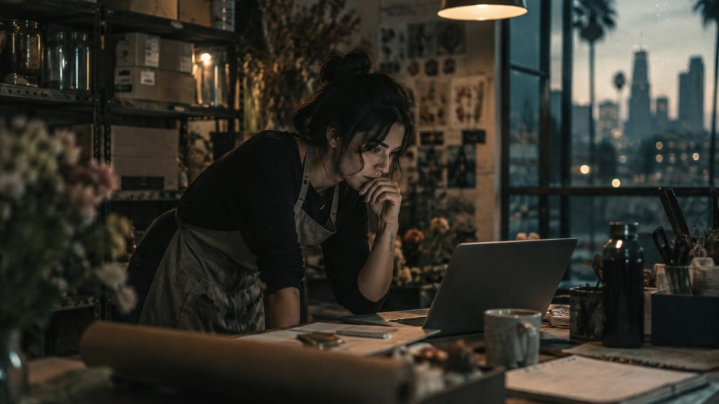 A small-business owner in an apron leaning over a laptop on a cluttered back-office desk late in the day, photographed in Los Angeles