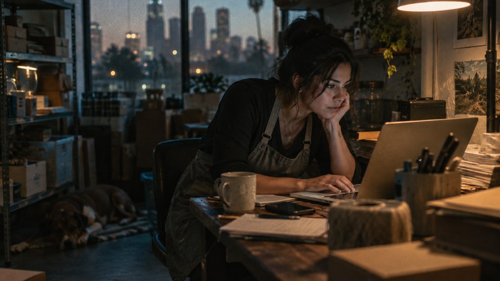 A small-business owner in an apron leaning over a laptop on a cluttered back-office desk late in the day, photographed in Los Angeles