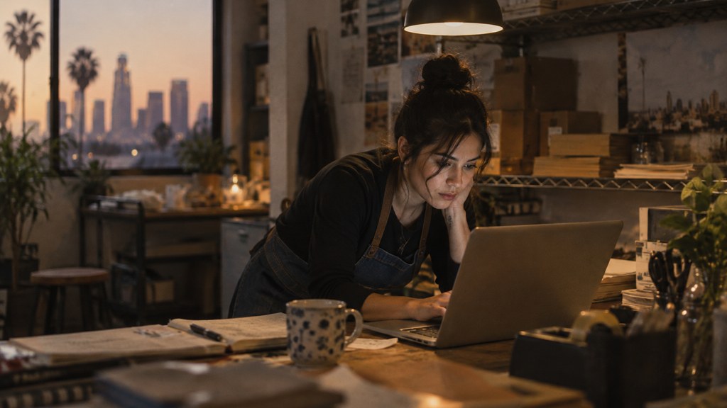A small-business owner in an apron leaning over a laptop on a cluttered back-office desk late in the day, photographed in Los Angeles