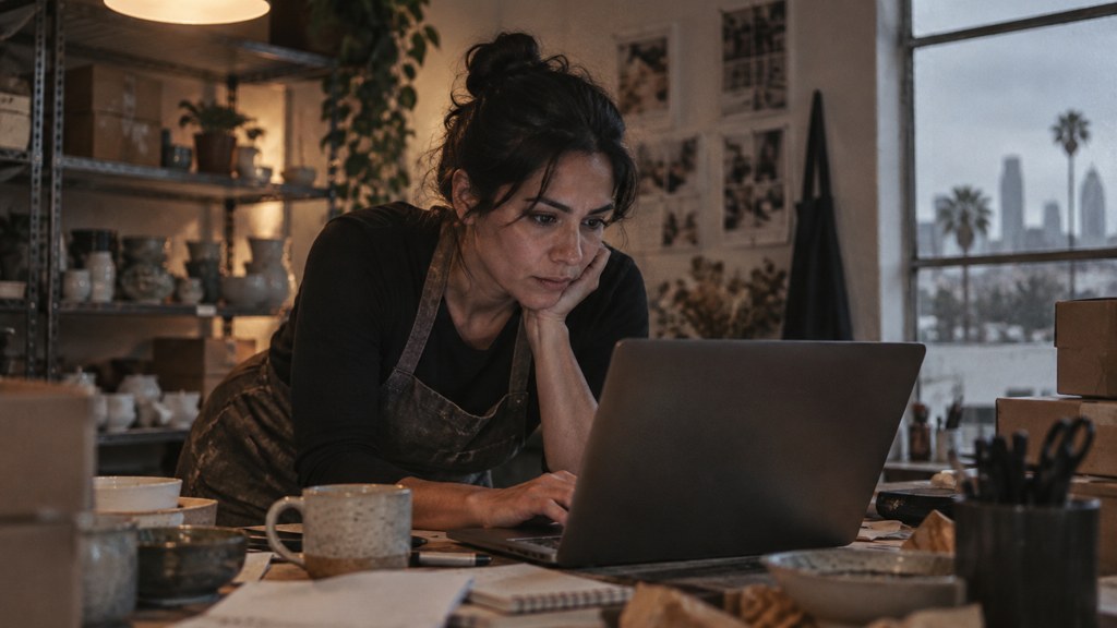 A small-business owner in an apron leaning over a laptop on a cluttered back-office desk late in the day, photographed in Los Angeles