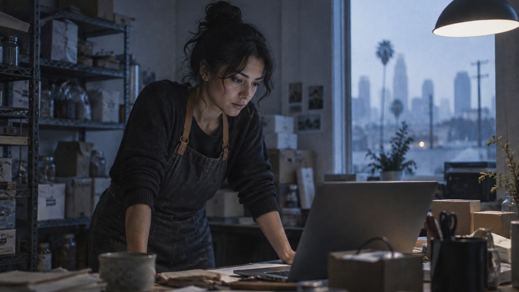 A small-business owner in an apron leaning over a laptop on a cluttered back-office desk late in the day, photographed in Los Angeles