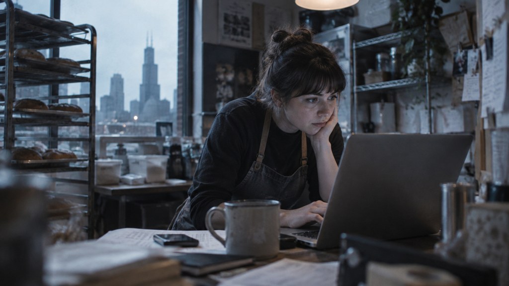 A small-business owner in an apron leaning over a laptop on a cluttered back-office desk late in the day, photographed in Chicago