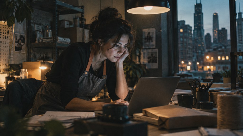 A small-business owner in an apron leaning over a laptop on a cluttered back-office desk late in the day, photographed in Chicago