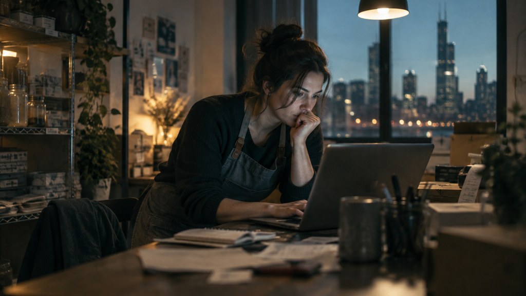 A small-business owner in an apron leaning over a laptop on a cluttered back-office desk late in the day, photographed in Chicago