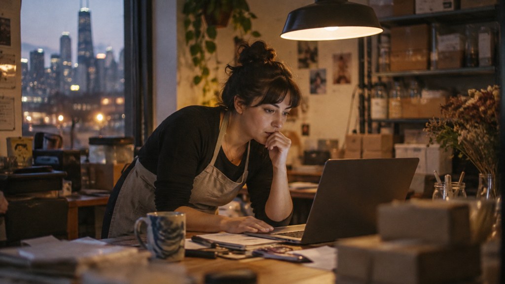 A small-business owner in an apron leaning over a laptop on a cluttered back-office desk late in the day, photographed in Chicago