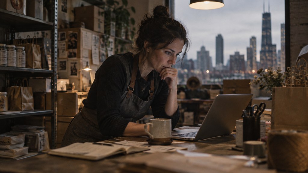 A small-business owner in an apron leaning over a laptop on a cluttered back-office desk late in the day, photographed in Chicago