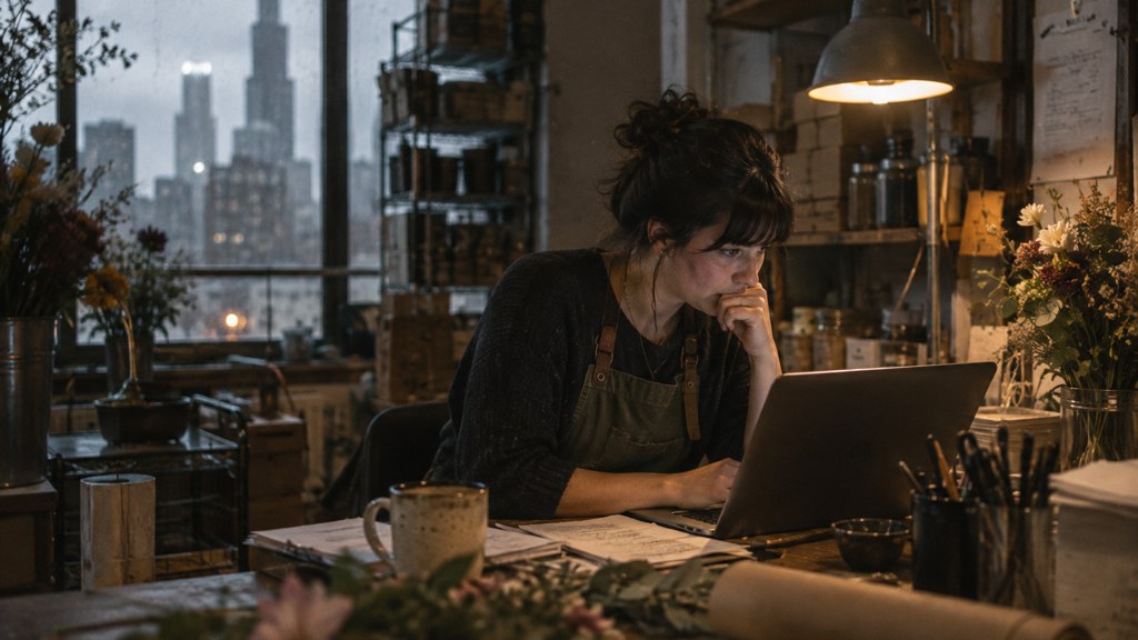 A small-business owner in an apron leaning over a laptop on a cluttered back-office desk late in the day, photographed in Chicago