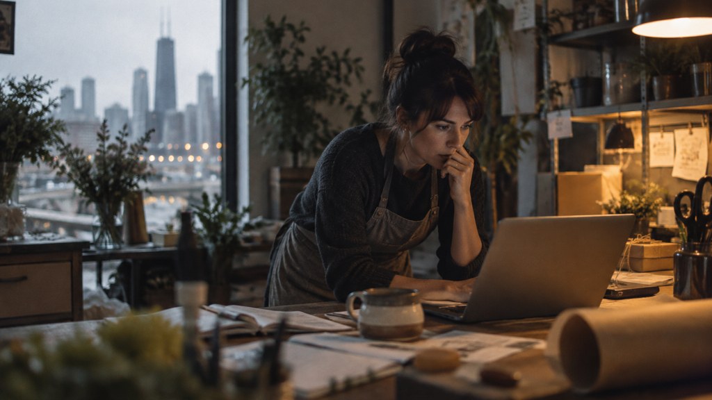 A small-business owner in an apron leaning over a laptop on a cluttered back-office desk late in the day, photographed in Chicago