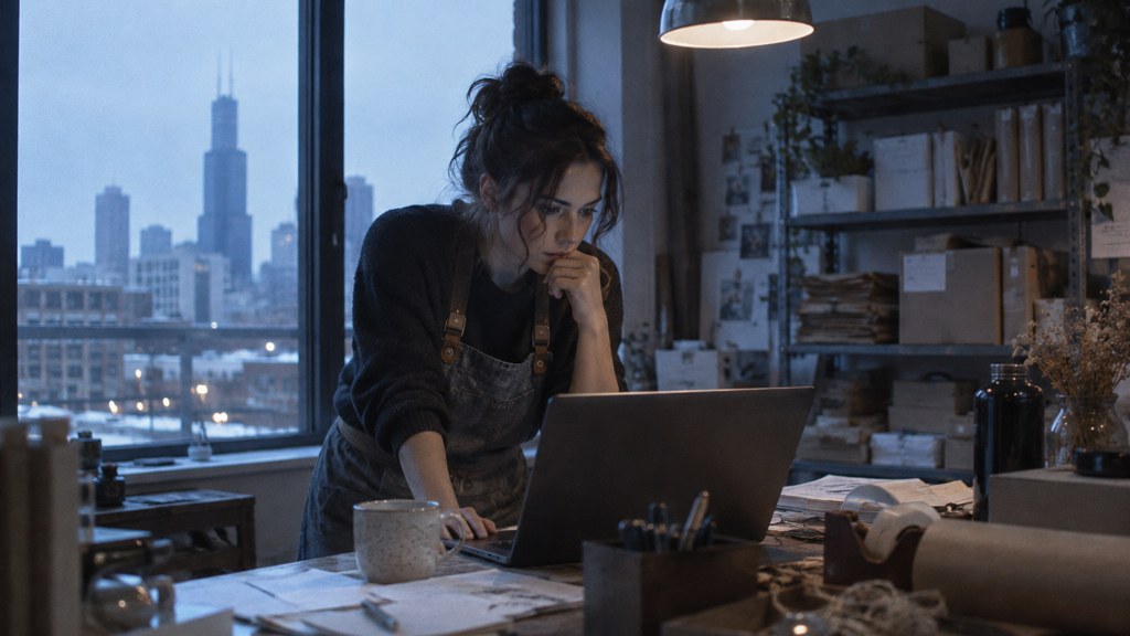 A small-business owner in an apron leaning over a laptop on a cluttered back-office desk late in the day, photographed in Chicago