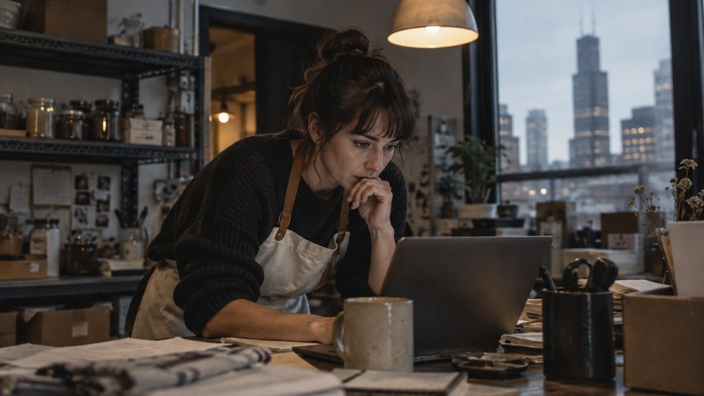 A small-business owner in an apron leaning over a laptop on a cluttered back-office desk late in the day, photographed in Chicago