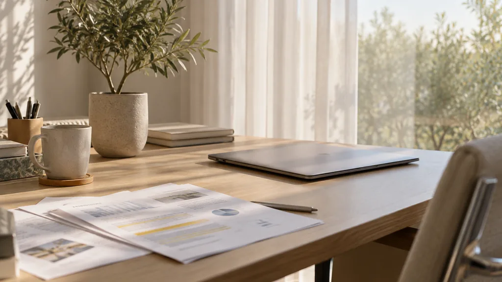 An empty search marketing studio in a quiet Dubai office on a bright morning, a closed laptop beside printed AI search reports with highlighted citations on a pale oak desk, a small potted olive tree, sheer curtains filtering warm desert light