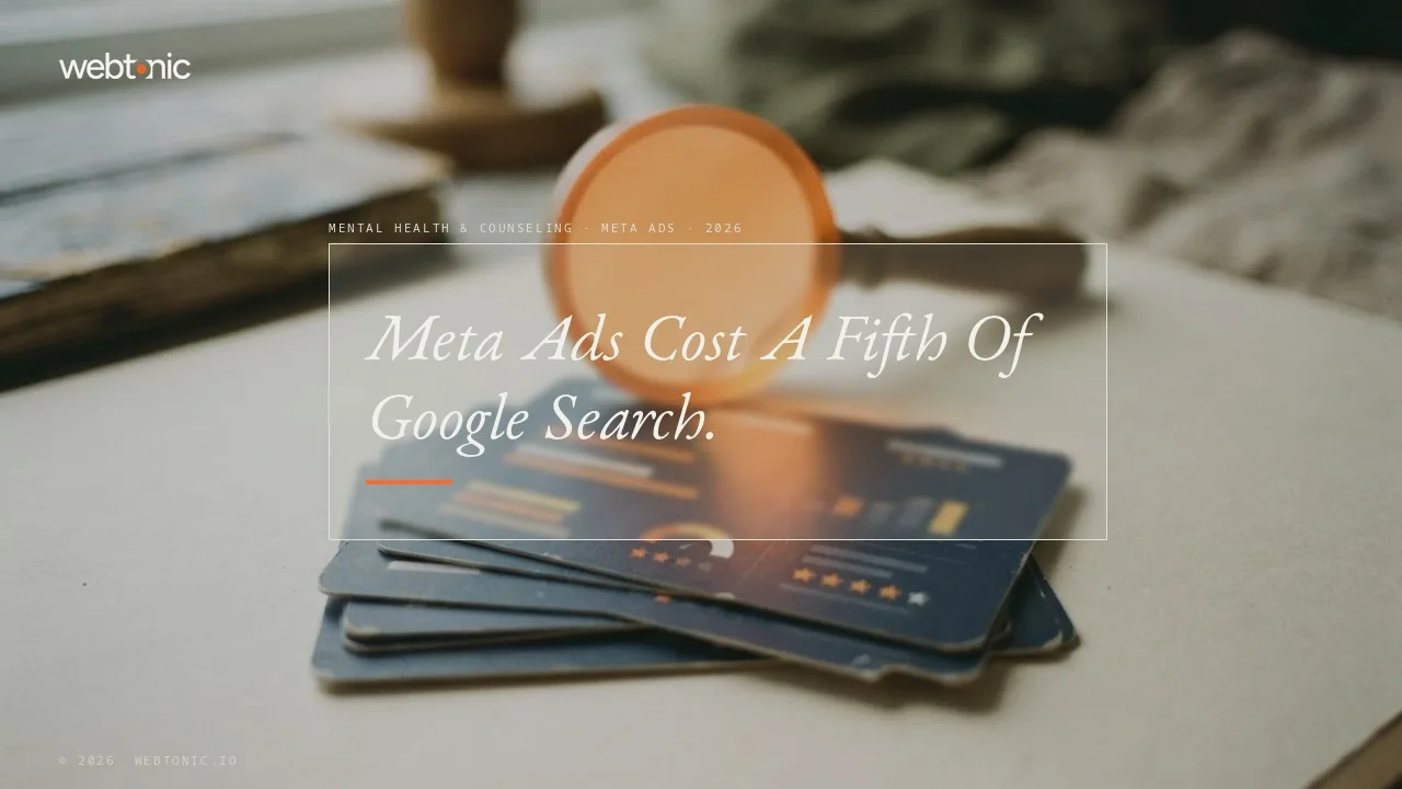 Mental health and counseling Meta Ads benchmark data 2026 thumbnail showing a 27 dollar 11 cent cost per lead on Meta against 141 dollars 17 cents on Google search ads for the same category