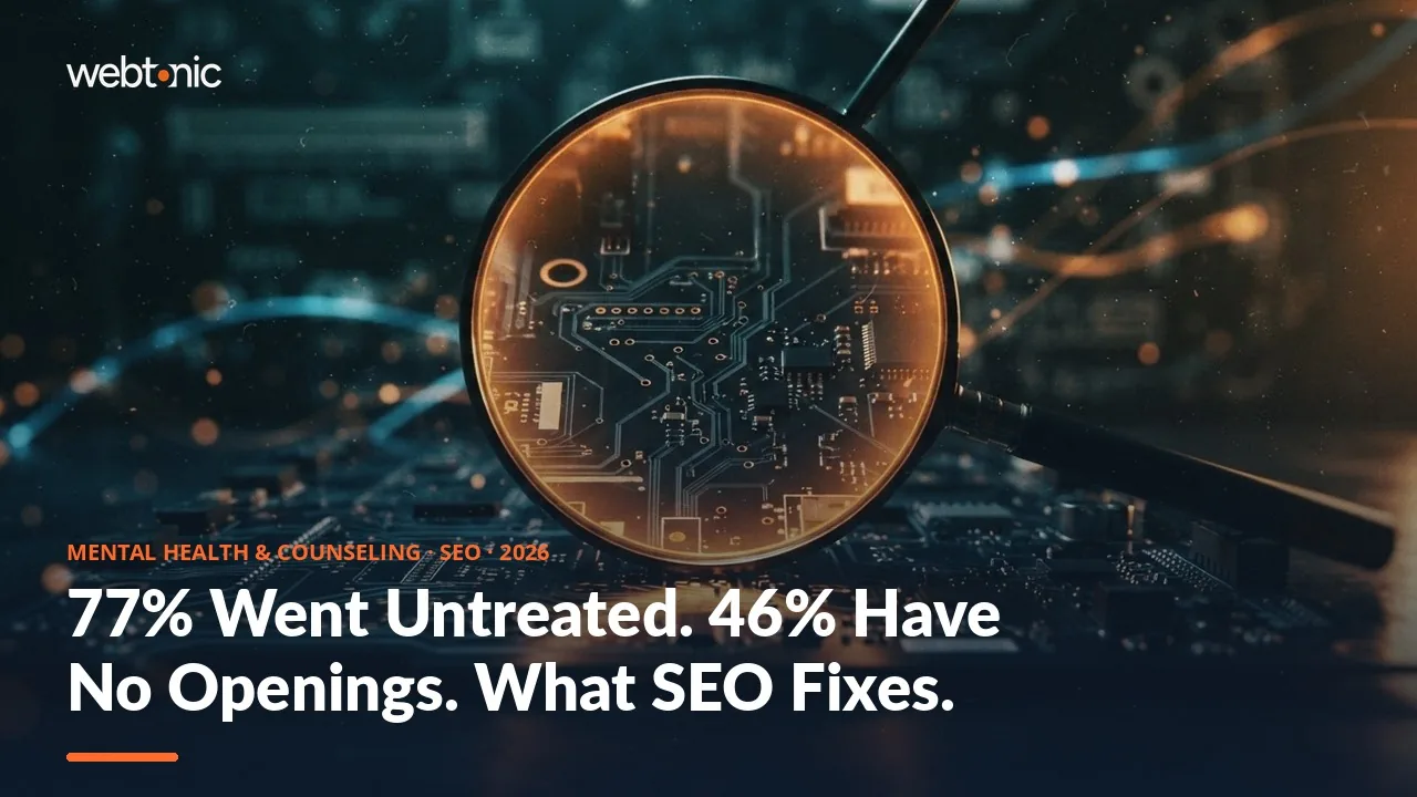 Are counseling SEO statistics worth it in 2026 thumbnail showing 77 percent of adults with a mental illness receiving no treatment, per SAMHSA NSDUH 2023