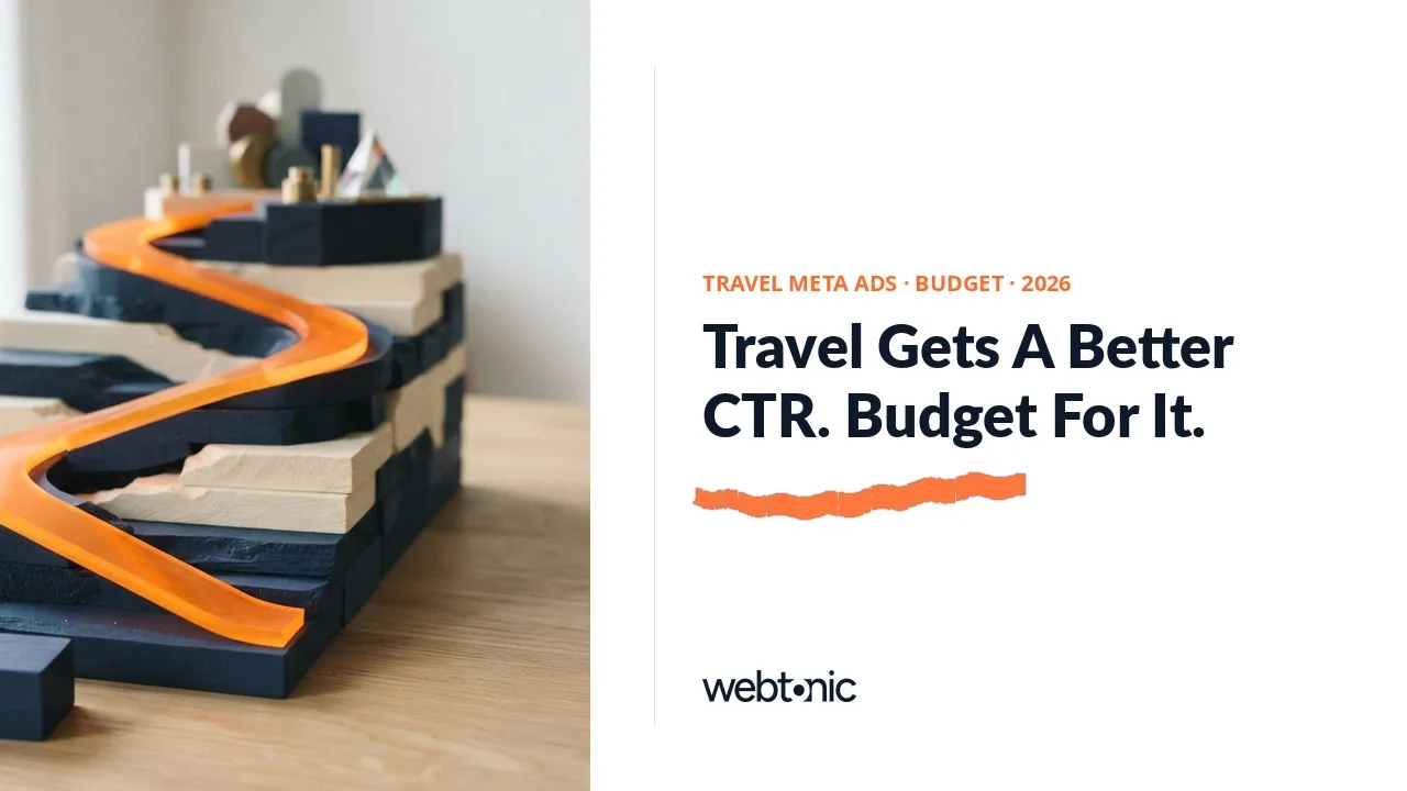 Hospitality and travel Meta Ads budget statistics 2026 thumbnail showing a 2.76 percent travel click-through rate against a 1.71 percent all-industry average