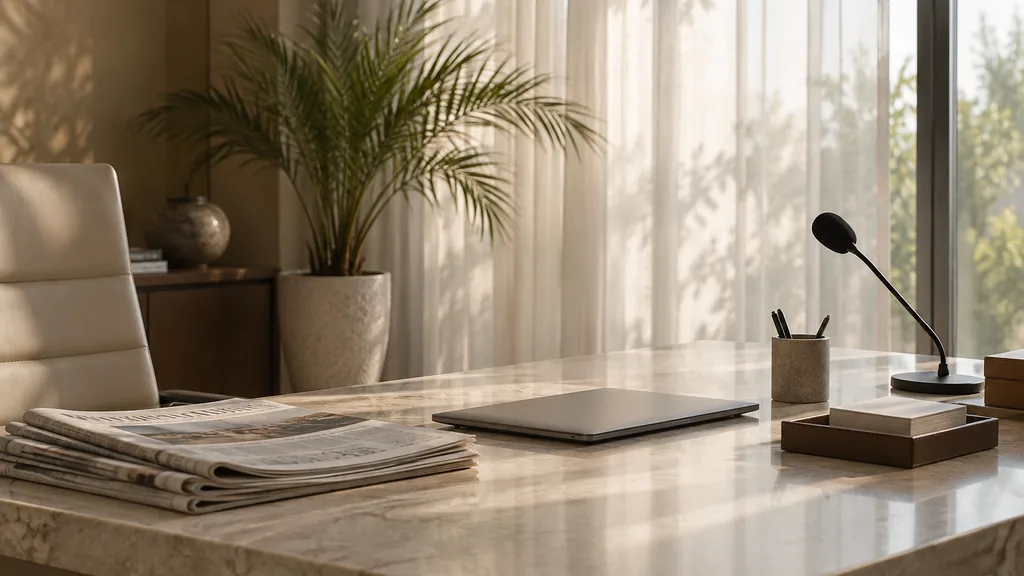 An empty press office in a calm Abu Dhabi press office on a bright morning, folded newspapers, a closed laptop and a microphone stand on a pale stone desk, a small potted date palm, sheer curtains filtering warm light