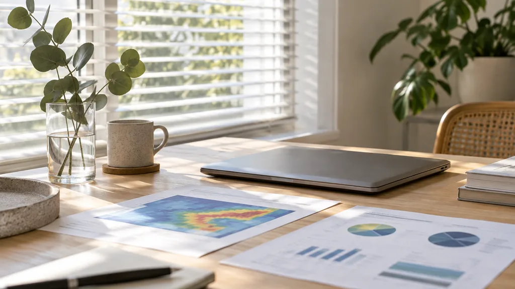 An empty analytics studio in a quiet Perth studio on a clear morning, a closed laptop beside printed heatmaps and A/B test charts on a light timber desk, a eucalyptus sprig in a glass, soft coastal light through white blinds