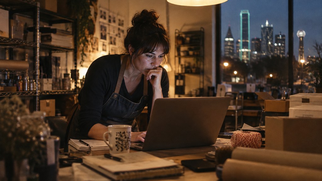 A small-business owner in an apron leaning over a laptop on a cluttered back-office desk late in the day, photographed in Dallas