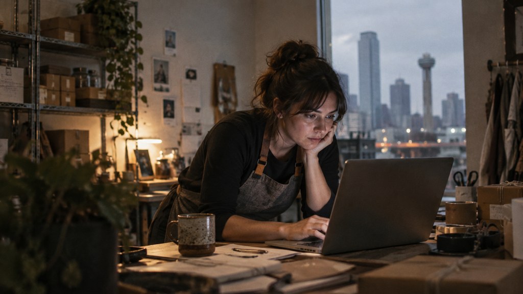 A small-business owner in an apron leaning over a laptop on a cluttered back-office desk late in the day, photographed in Dallas