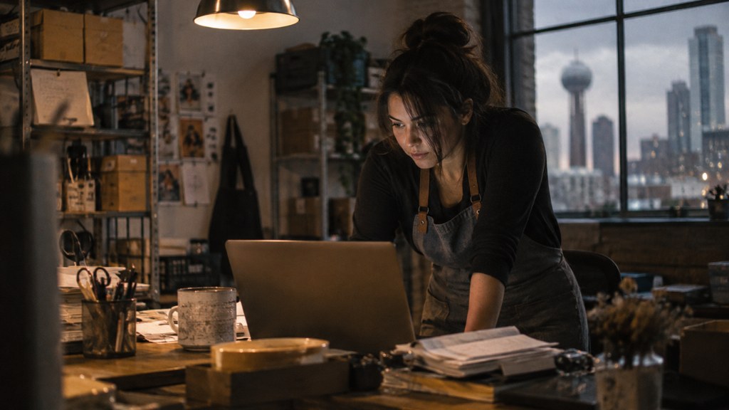 A small-business owner in an apron leaning over a laptop on a cluttered back-office desk late in the day, photographed in Dallas