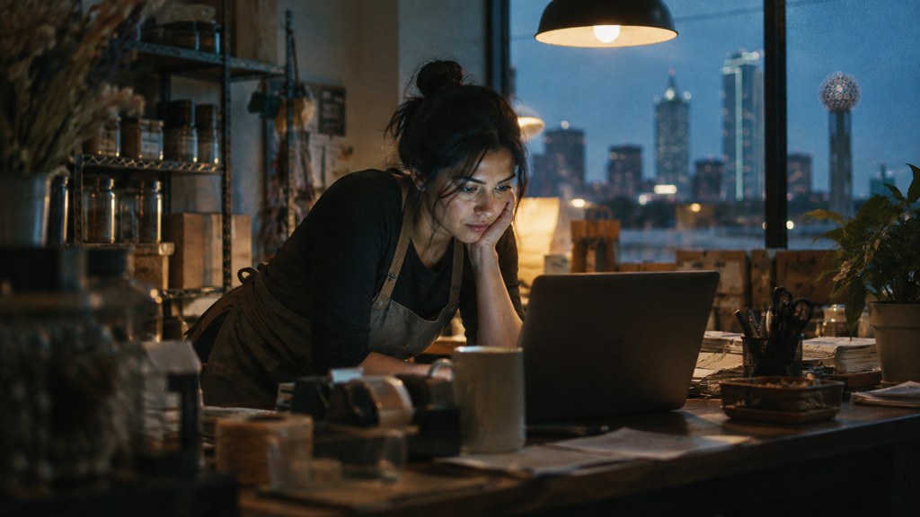 A small-business owner in an apron leaning over a laptop on a cluttered back-office desk late in the day, photographed in Dallas