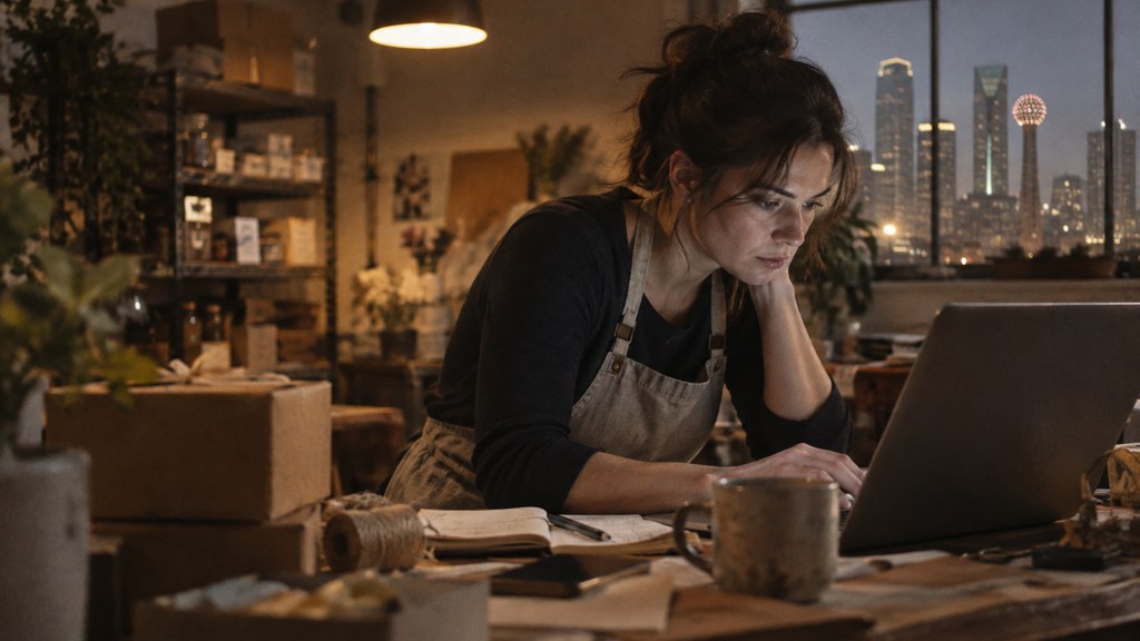A small-business owner in an apron leaning over a laptop on a cluttered back-office desk late in the day, photographed in Dallas