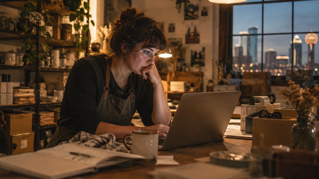 A small-business owner in an apron leaning over a laptop on a cluttered back-office desk late in the day, photographed in Dallas