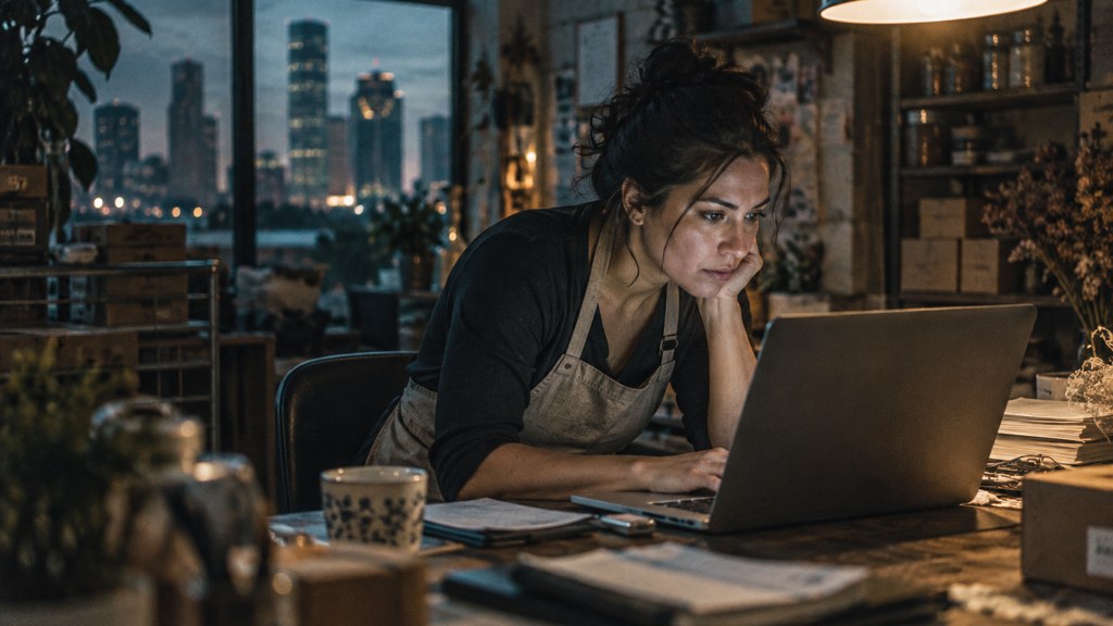 A small-business owner in an apron leaning over a laptop on a cluttered back-office desk late in the day, photographed in Houston