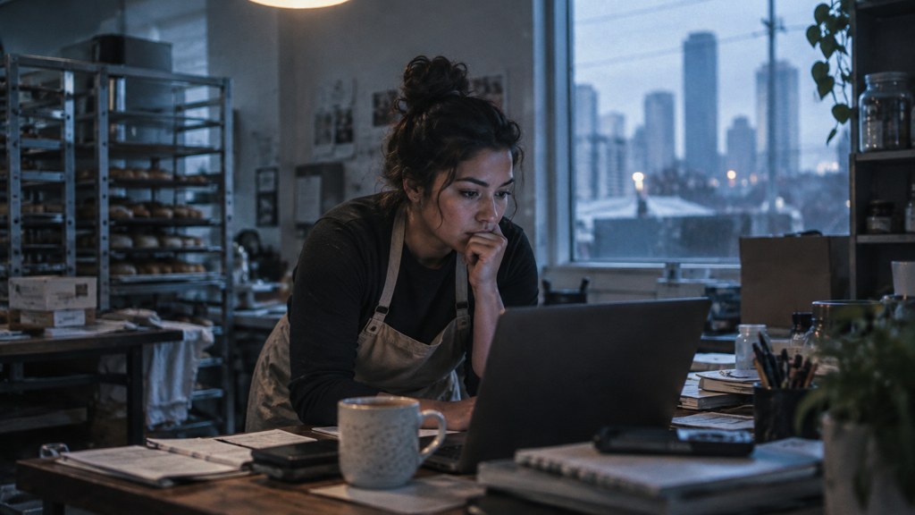 A small-business owner in an apron leaning over a laptop on a cluttered back-office desk late in the day, photographed in Houston