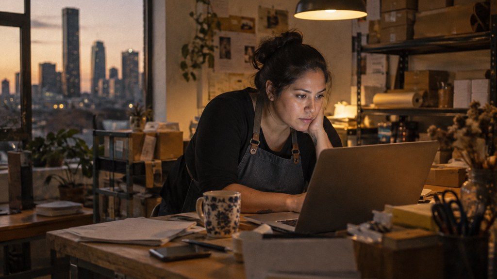 A small-business owner in an apron leaning over a laptop on a cluttered back-office desk late in the day, photographed in Houston