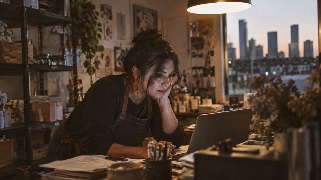 A small-business owner in an apron leaning over a laptop on a cluttered back-office desk late in the day, photographed in Houston