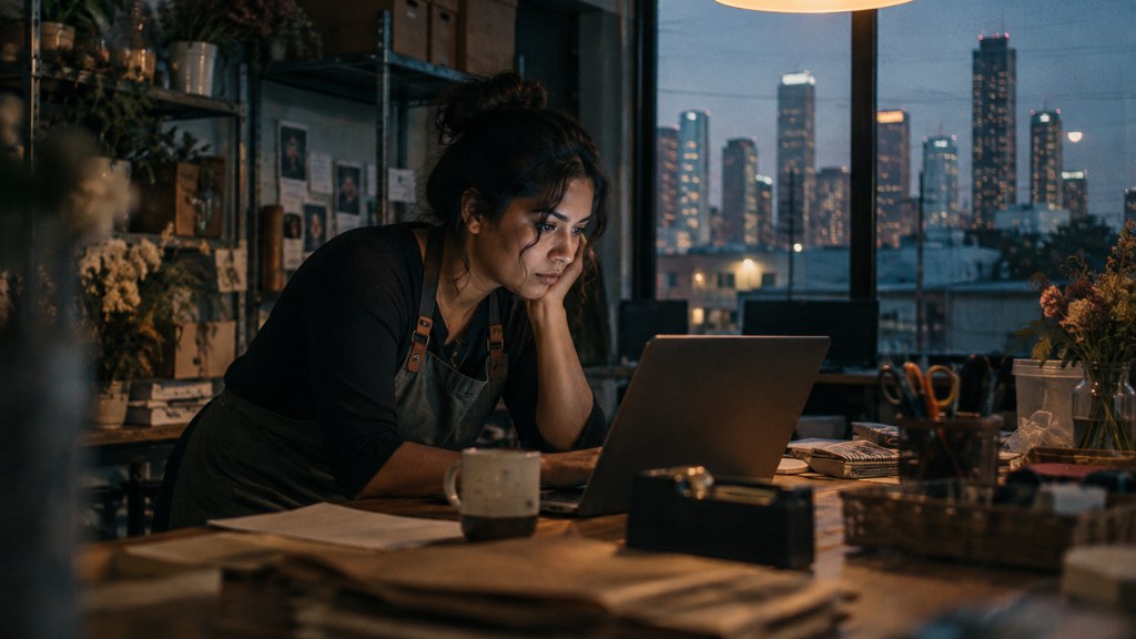 A small-business owner in an apron leaning over a laptop on a cluttered back-office desk late in the day, photographed in Houston