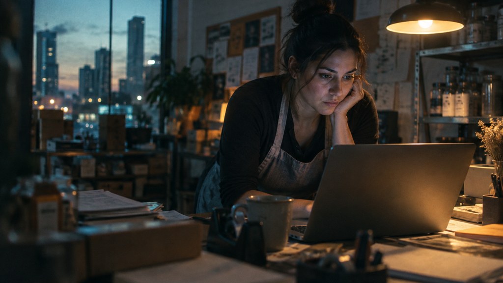 A small-business owner in an apron leaning over a laptop on a cluttered back-office desk late in the day, photographed in Houston