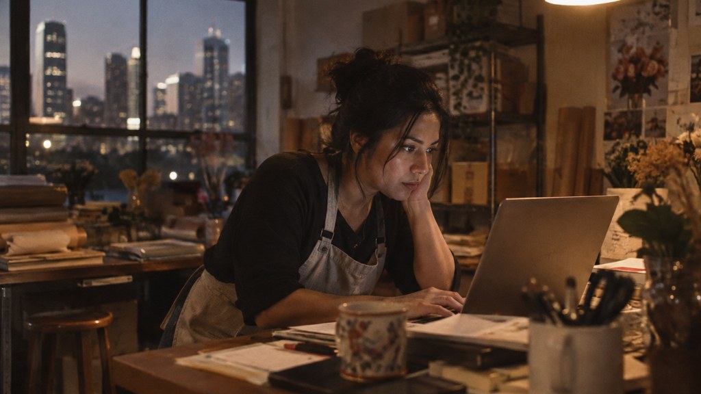 A small-business owner in an apron leaning over a laptop on a cluttered back-office desk late in the day, photographed in Houston