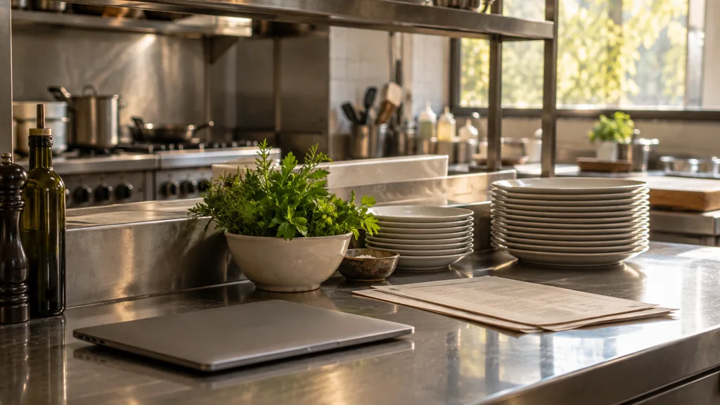 An empty restaurant kitchen pass in a quiet restaurant kitchen pass at mid-afternoon, a closed laptop beside printed menus, a ceramic bowl of fresh herbs and stacked white plates on a steel counter, warm window light