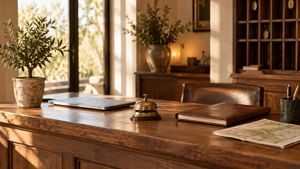 An empty boutique hotel reception desk in a quiet boutique hotel reception desk in the late afternoon, a closed laptop beside a brass bell, a leather-bound guest book, a folded paper map and a small potted olive tree on a wooden counter, warm window light