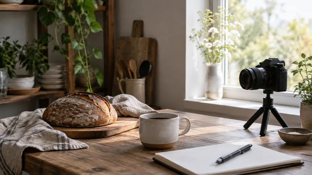 An empty food photography studio corner in a calm food photography studio corner in the morning, a wooden table with a linen napkin, a loaf of sourdough, a ceramic cup of coffee, a notebook with a pen and a small camera on a tripod beside a window, soft diffused daylight