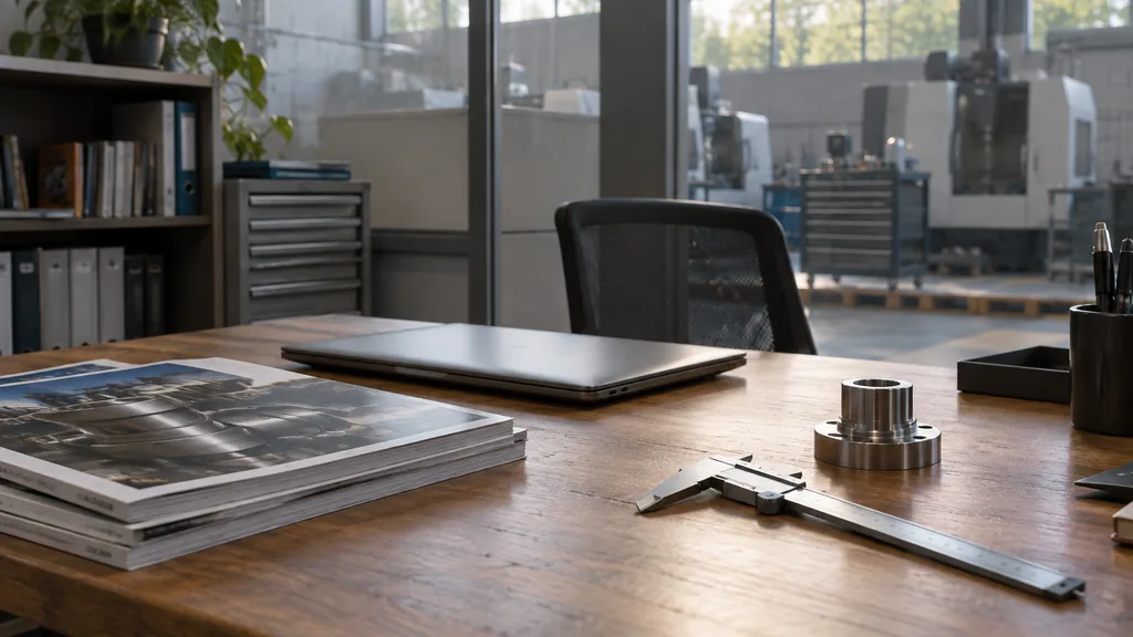 An empty engineering office beside a factory floor in a quiet engineering office beside a factory floor in the early morning, a wooden desk with printed trade magazines, a closed laptop, a steel caliper and a small machined metal part, soft daylight through high industrial windows