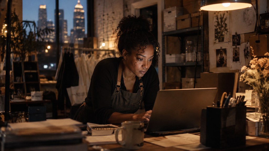 A small-business owner in an apron leaning over a laptop on a cluttered back-office desk late in the day, photographed in Atlanta