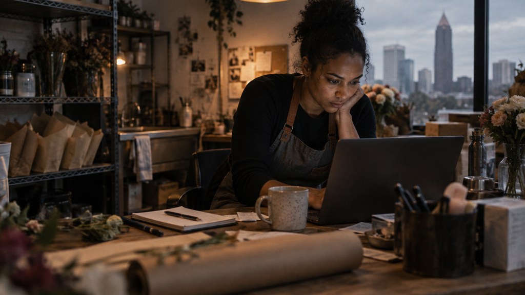 A small-business owner in an apron leaning over a laptop on a cluttered back-office desk late in the day, photographed in Atlanta