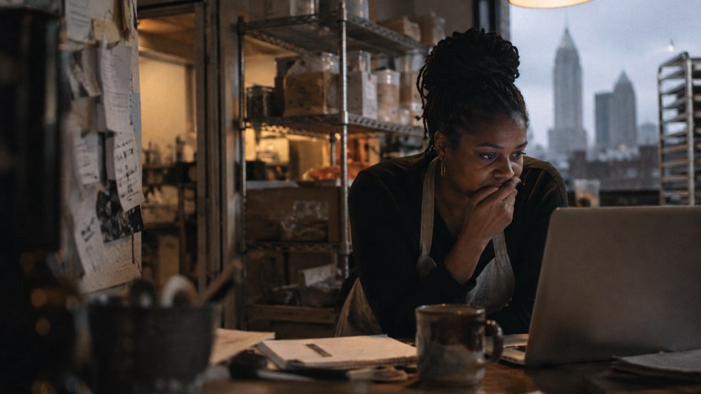 A small-business owner in an apron leaning over a laptop on a cluttered back-office desk late in the day, photographed in Atlanta