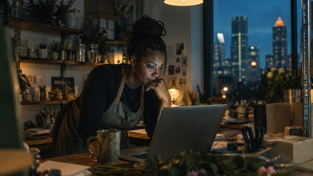 A small-business owner in an apron leaning over a laptop on a cluttered back-office desk late in the day, photographed in Atlanta