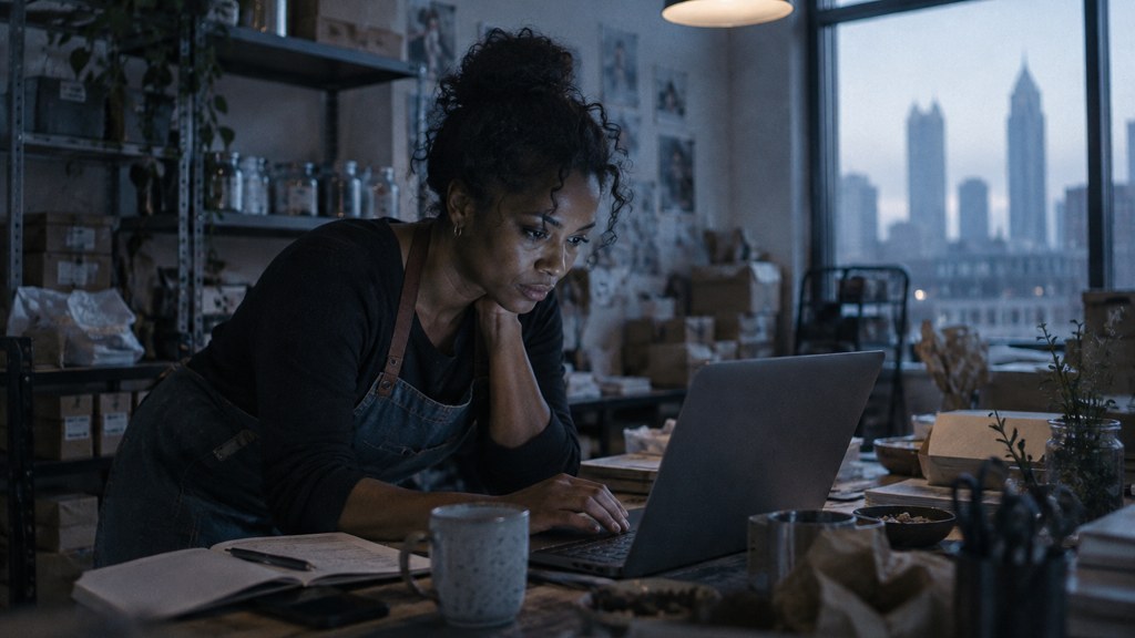 A small-business owner in an apron leaning over a laptop on a cluttered back-office desk late in the day, photographed in Atlanta