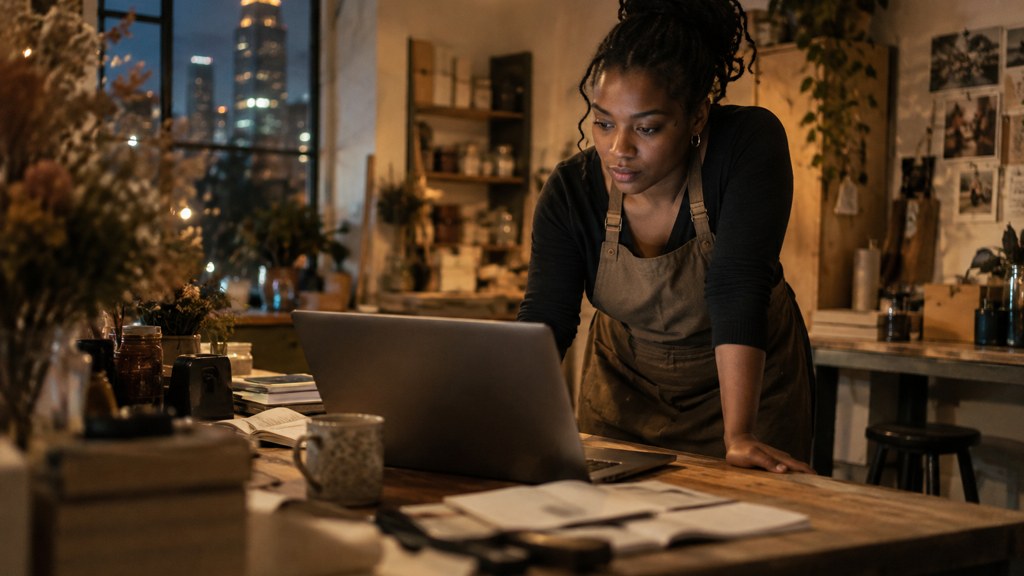 A small-business owner in an apron leaning over a laptop on a cluttered back-office desk late in the day, photographed in Atlanta
