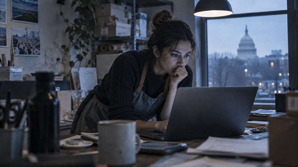 A small-business owner in an apron leaning over a laptop on a cluttered back-office desk late in the day, photographed in Washington DC