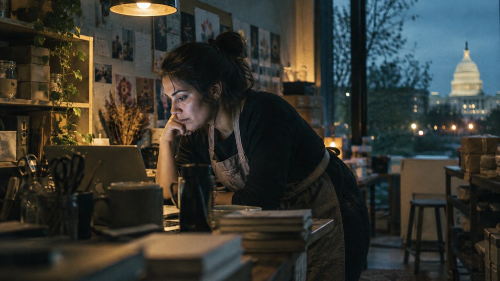 A small-business owner in an apron leaning over a laptop on a cluttered back-office desk late in the day, photographed in Washington DC