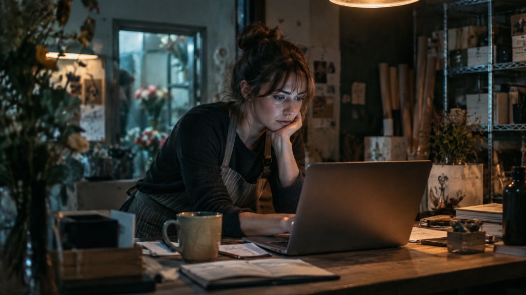 A small-business owner in an apron leaning over a laptop on a cluttered back-office desk late in the day, photographed in Washington DC